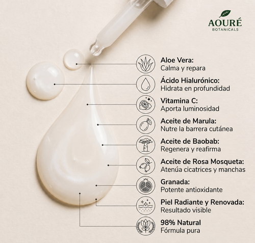 Sérum Regenerador 98% Bio | Ácido Hialurónico, Aloe Vera · Marula · Baobab · Granada · Rosa Mosqueta | AOURÉ BOTANICALS