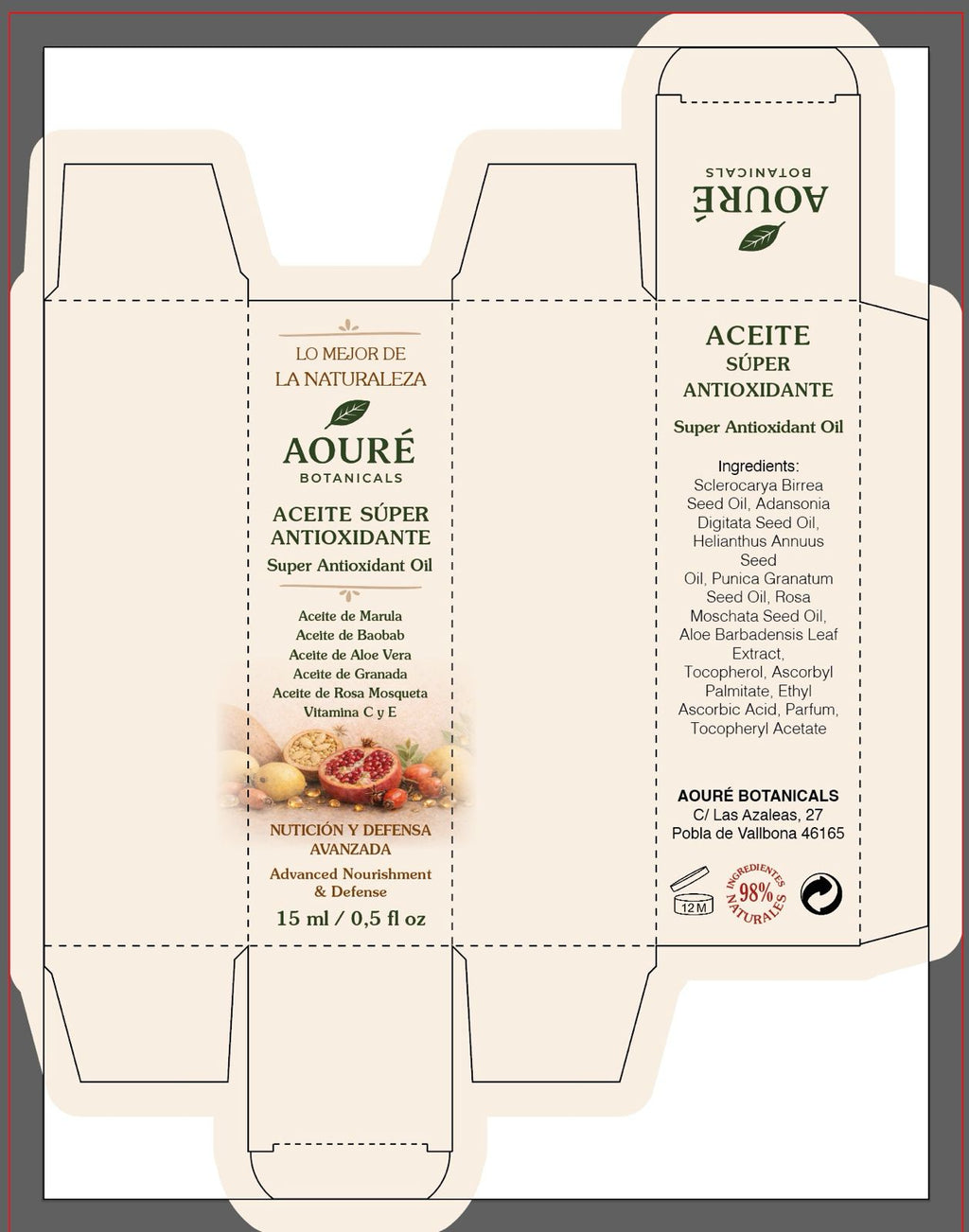 ACEITE SUPER ANTIOXIDANTE  98%BIO - Aceites Marula, Baobab, Aloe vera, Granada Rosa Mosqueta - AOURÉ BOTANICALS
