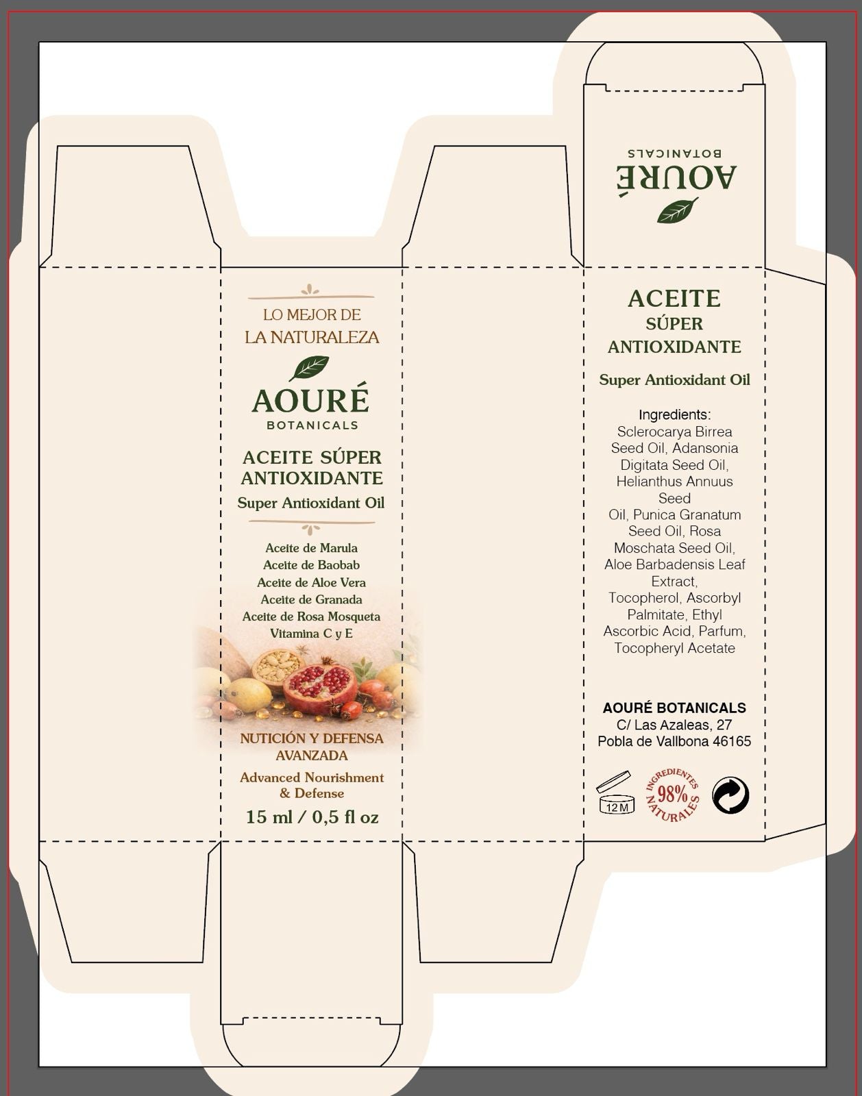 ACEITE SUPER ANTIOXIDANTE  98%BIO - Aceites Marula, Baobab, Aloe vera, Granada Rosa Mosqueta - AOURÉ BOTANICALS