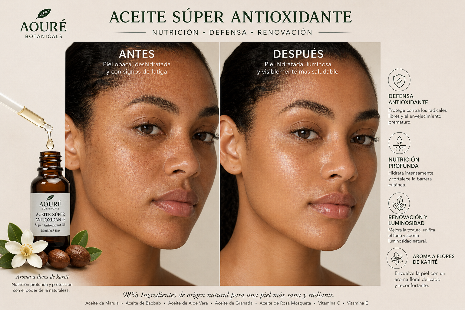 ACEITE SUPER ANTIOXIDANTE  98%BIO - Aceites Marula, Baobab, Aloe vera, Granada Rosa Mosqueta - AOURÉ BOTANICALS