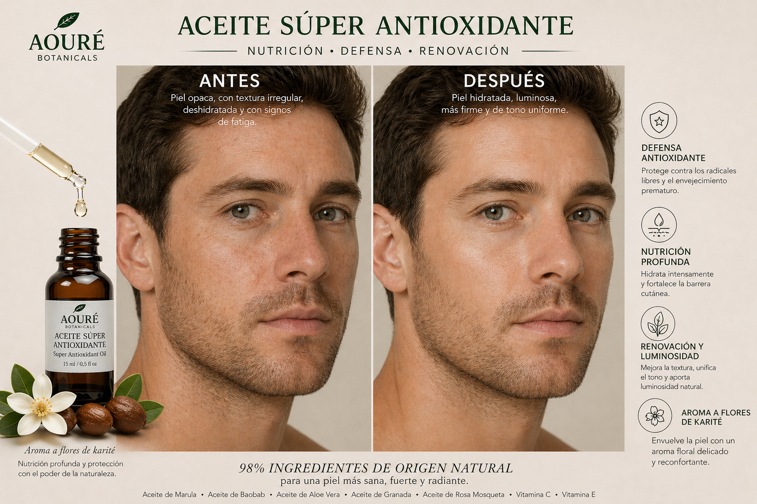 ACEITE SUPER ANTIOXIDANTE  98%BIO - Aceites Marula, Baobab, Aloe vera, Granada Rosa Mosqueta - AOURÉ BOTANICALS