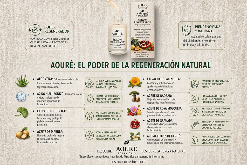 Sérum Regenerador 98% Bio | Ácido Hialurónico, Aloe Vera · Marula · Baobab · Granada · Rosa Mosqueta | AOURÉ BOTANICALS