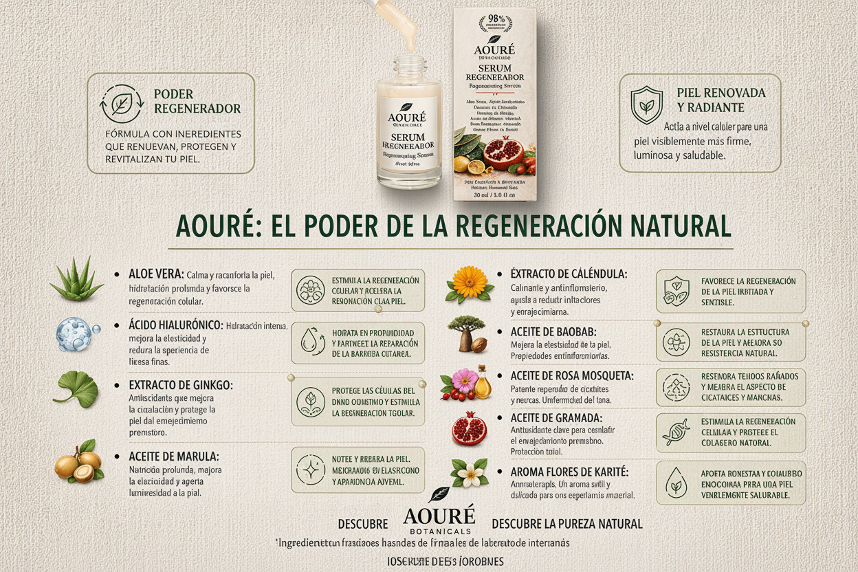 Sérum Regenerador 98% Bio | Ácido Hialurónico, Aloe Vera · Marula · Baobab · Granada · Rosa Mosqueta | AOURÉ BOTANICALS